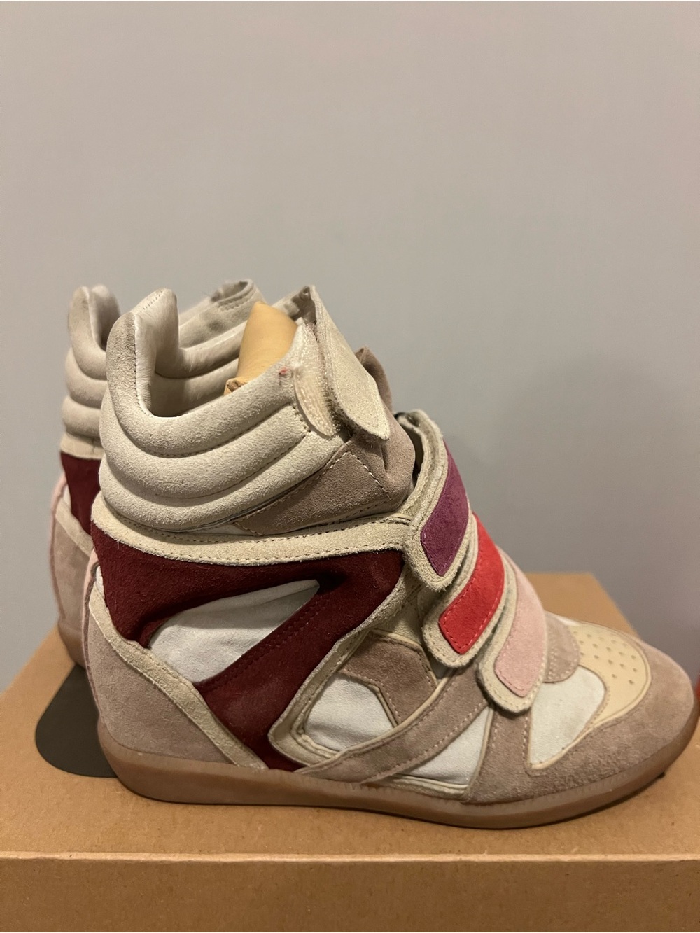 Isabel Marant Beige Suede Wedge Sneakers with Pink, Red & Burgundy Straps - Picture 4 of 8